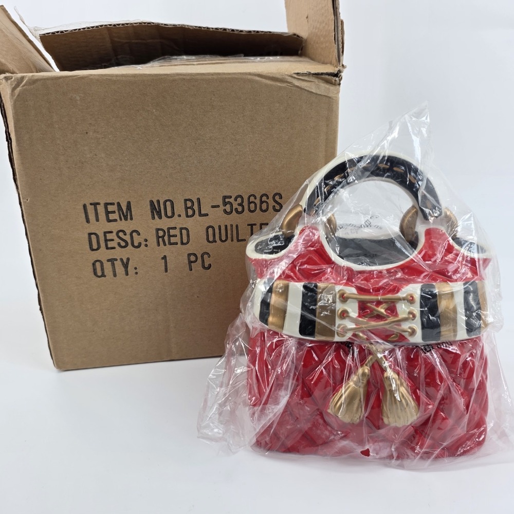David's Cookies Jar Purse Red Black Gold Quilted Ceramic Cookie Jar, 6.5"  New